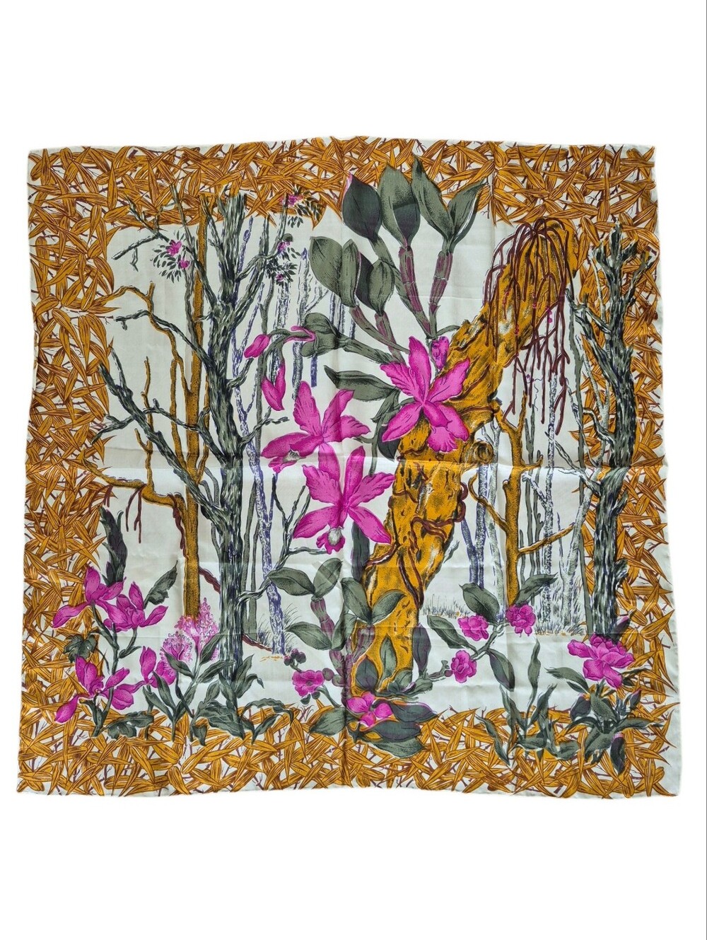 Thai Silk Scarf With Orchid & Tropical Foliage Print in Mustard and Pink